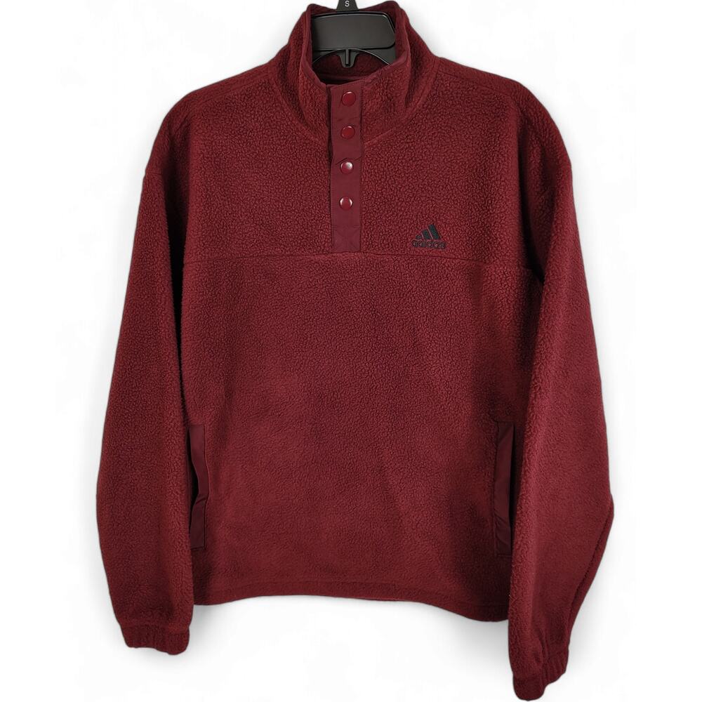 Adidas Mens Polar Fleece Pullover Fleece Shirt 1/4 Snaps Shadow Red Small